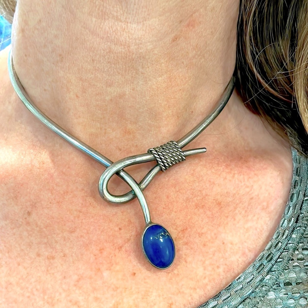 Vintage Heavy Sterling Necklace Marked Blue Lapis Stone Choker 66.4 Grams